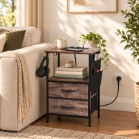 HOMCOM Măsuță industrială pentru living cu stație de încărcare, raft deschis, 2 sertare, maro rustic(m-2)