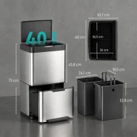 HOMCOM Poubelle de Cuisine Automatique 40 L en Inox, 3 Compartiments, Seaux Intérieurs Amovibles, Fermeture douce, Argenté(m-3)