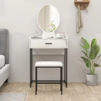 HOMCOM Set Tavolino Toeletta con Specchio da Trucco, Cassetto e Sgabello Imbottito, Bianco(m-8)