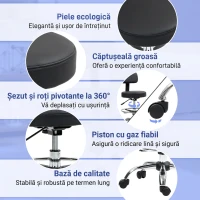 HOMCOM Scaun rotativ cu înălțime reglabilă și suport pentru picioare, din oțel, piele ecologică și spumă, 52x52x78-92 cm, negru(m-5)