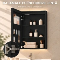 HOMCOM Dulap de Baie cu Oglindă și LED, 3 Culori, 50x70 cm, Soft-Close, Priză, Rafturi Reglabile, Negru(m-4)