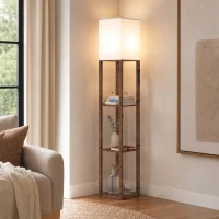 HOMCOM Floor Lamp with Shelves, Modern Dimmable Standing Lamp with Fabric Shade, Adjustable Colour Temperature, Rustic Brown(m-12)