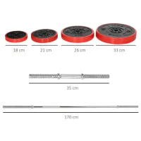 HOMCOM Set Bilanciere e Dischi 65kg totali per Workout in Casa, in Metallo, Sabbia di Ferro e Gomma, Rosso(m-3)