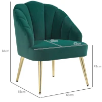 HOMCOM Poltroncina da Camera e Salotto a Conchiglia Stile Art Deco, in Tessuto Vellutato e Acciaio, 63x65x84 cm, Verde(m-3)