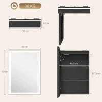 HOMCOM Dulap de Baie cu Oglindă și LED, 3 Culori, 50x70 cm, Soft-Close, Priză, Rafturi Reglabile, Negru(m-3)
