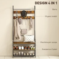 HOMCOM Appendiabiti da Ingresso con Asta, 10 Ganci, Panca e Scarpiera, in Legno e Metallo, 80x40x182 cm, Marrone e Nero(m-4)