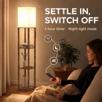 HOMCOM Floor Lamp with Shelves, Modern Dimmable Standing Lamp with Fabric Shade, Adjustable Colour Temperature, Rustic Brown(m-7)