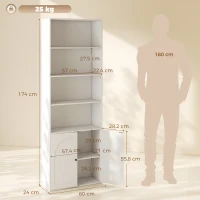 HOMCOM Estante para Livros Alta e Estreita de 6 Níveis com 4 Compartimentos Abertos 2 Portas e Prateleira Ajustável Branca(m-3)