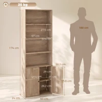 HOMCOM Estante para Livros Alta e Estreita de 6 Níveis com 4 Compartimentos Abertos Portas e Prateleira Ajustável Madeira Natural(m-3)