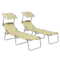 Outsunny Set 2 Sdraio da Giardino Pieghevoli con Schienale e Tettuccio Regolabili, 187x58x36 cm, Beige(m-1)