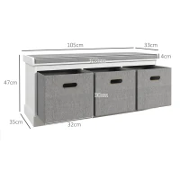 HOMCOM Panca Scarpiera in Legno con 3 Cassetti e Seduta in Tessuto per 3 Paia di Scarpe, 105x35x47 cm, Bianco(m-3)