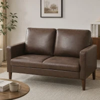 HOMCOM Divano 2 Posti Moderno con Rivestimento in Tessuto Effetto Pelle Traspirante e Gambe in Legno, 130x78x85 cm, Marrone Scuro(m-9)