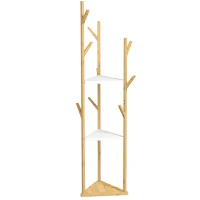 HOMCOM Albero Appendiabiti da Terra in Bambù con 9 Ganci e 3 Ripiani, Legno Naturale e Bianco(m-1)