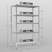 HOMCOM Scaffale da Cucina a 5 Livelli Regolabili su 13 Altezze Diverse, in Acciaio Inox, 91x40x139 cm, Argento(m-3)