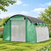 Outsunny Serre Tunnel de Jardin 12㎡, Filet Pare-soleil, Parois Latérales Enroulables, 2 Portes, 8 Fenêtres, 400x300x198cm, Vert(m-11)