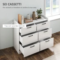 HOMCOM Cassettiera 6 Cassetti in Legno con Bordi Rialzati e Maniglie a U, 100x40x88 cm, Bianco(m-5)