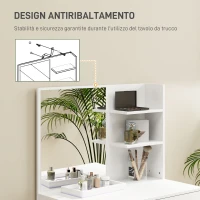 HOMCOM Tavolo da Trucco a 3 Ripiani e Cassetti con Specchio e Sgabello, in Truciolato, 75x40x137 cm, Bianco(m-8)