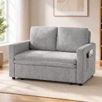 HOMCOM Canapea extensibilă 2 locuri 3-în-1, canapea-lit clic-clac 122 cm chenille, spătar reglabil, buzunare laterale, gri(m-4)