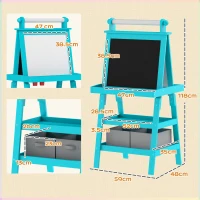 AIYAPLAY Lavagna per Bambini con Cavalletto 3 in 1, Rotolo di Carta e 2 Contenitori, in Legno, 59x48x118 cm, Blu(m-3)