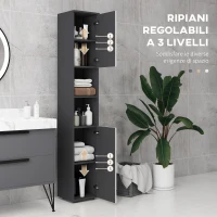 kleankin Colonna Bagno in Truciolato con 2 Ripiani Aperti e 2 Armadietti a 2 Livelli, 30x30x183 cm, Grigio(m-5)
