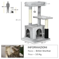 PawHut Albero Tiragraffi per Gatti Multilivello con Lettino e Casetta, Rivestimento in Peluche, Grigio(m-3)