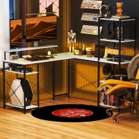 HOMCOM Scrivania Angolare con Presa Elettrica e USB, Scaffale e Supporto per Monitor, Bianco e Nero(m-9)