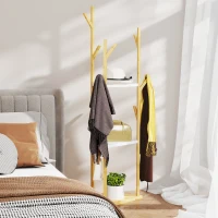 HOMCOM Albero Appendiabiti da Terra in Bambù con 9 Ganci e 3 Ripiani, Legno Naturale e Bianco(m-10)