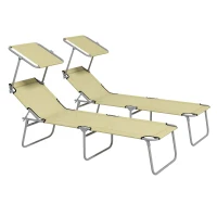 Outsunny Set 2 Sdraio da Giardino Pieghevoli con Schienale e Tettuccio Regolabili, 187x58x36 cm, Beige(m-11)