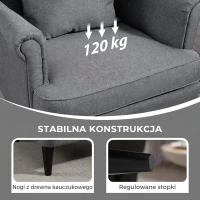 HOMCOM Oorfauteuil met Voetkruk, Gestoffeerde Fauteuil met Rubberhouten Poten, Stoffen Bekleding, Grijs(m-6)