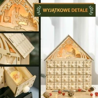 HOMCOM Kalendarz Adwentowy z Oświetleniem LED, 24 Szuflady, Scena Bożonarodzeniowa, 26,6x6x30 cm, Motyw Drewna(m-6)