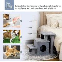 Schody dla zwierząt domowych 3/4-stopniowe schody dla kota z legowiskiem do spania i wiszącą piłką dla psa rampa dla psa schody dla zwierząt płyta wiórowa pluszowy czarny+szary 60 x 40 x 66 cm(m-7)