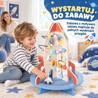 AIYAPLAY Drewniana kostka edukacyjna 15 w 1 w kształcie rakiety z pętlami motorycznymi, kołami zębatymi i klockami(m-4)