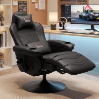 HOMCOM Gamingsessel, Massagefunktion, neigbare Lehne, Fußstütze, bis 120 kg, Stahlrahmen, Kunstleder, Schwarz(m-10)