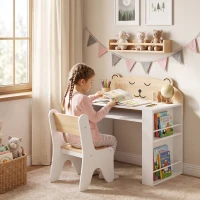 AIYAPLAY Kinder tafel- en stoelset om te leren en tekenen, kinderset met boekenkast, wit(m-2)