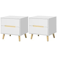 HOMCOM Comodino Moderno con 2 Cassetti, Set 2 Pezzi in Truciolato e Gambe in Legno di Pino, 50Lx40Px50.5A cm, Bianco(m-11)
