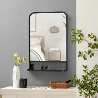 HOMCOM LUSTRO ŚCIENNE Z RAMĄ METALOWĄ, ZAOKRĄGLONE KRAWĘDZIE, 1 PÓŁKA  70 cm x 10,2 cm x 50 cm CZARNE + SREBRNE(m-5)