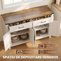 HOMCOM Bufet de bucătărie cu 2 sertare și 2 dulapuri, stil rustic, cu rafturi reglabile, alb(m-4)