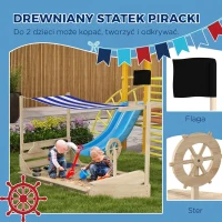 Outsunny Piaskownica w kształcie statku pirackiego z zestawem kuchennym, z ochroną przeciwsłoneczną, z naturalnego drewna, 180 x 103 x 144,5 cm(m-4)