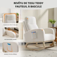 Fauteuil à bascule d’allaitement, dossier haut ergonomique, base incurvée en bois massif, poche latérale, 75x63x104 cm, Blanc(m-4)