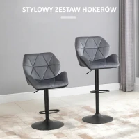 HOMCOM Zestaw 2 Barhockerów, Obite Barstoły z Metalową Ramą, Oparciem, Wygląd Aksamitu, Regulowana Wysokość, Krzesła Kuchenne z Podnóżkiem, Obrotowe 360°, do Kuchni, Salonu, Jadalni, Szare(m-4)
