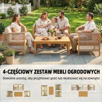 Outsunny Zestaw mebli ogrodowych z drewna dla 4 osób – kanapa, 2 fotele, stolik, dekoracja z lin, lamelowe wykończenie, zdejmowane poduszki(m-4)