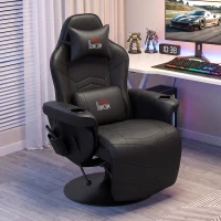 HOMCOM Gamingsessel, Massagefunktion, neigbare Lehne, Fußstütze, bis 120 kg, Stahlrahmen, Kunstleder, Schwarz(m-2)