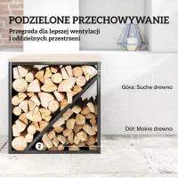Outsunny 2-w-1 Wewnętrzny regał na drewno kominkowe 58 x 36 x 60 cm, podwyższony regał na drewno z przegrodą, stojak na drewno kominkowe, regał na drewno, metal, czarny(m-6)