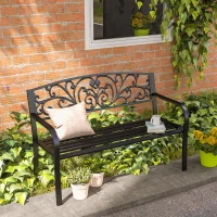 Outsunny Ławka Ogrodowa Metalowa z Wzornictwem Kwiatowym, 2-osobowa, Nośność 240 kg, Stal, 127D x 60S x 87W cm, Czarny(m-2)