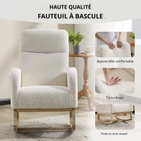 Fauteuil à bascule d’allaitement, dossier haut ergonomique, base incurvée en bois massif, poche latérale, 75x63x104 cm, Blanc(m-3)