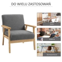 HOMCOM Fotel w stylu skandynawskim, Fotel akcentowy, Lite drewno, Imitacja lnu, 64 cm x 70 cm x 72 cm, Szary + Natura(m-6)