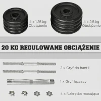 HOMCOM 2 w 1 zestaw hantli regulowany zestaw hantli 20 kg hantle i sztanga z rurką łączącą Profesjonalny trening siłowy i podnoszenie ciężarów do fitnessu domowego(m-5)