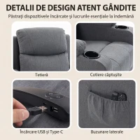 HOMCOM Fotoliu electric cu ridicare asistată, reclinabil, încălzit și cu masaj, gri închis(m-8)