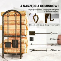 Outsunny Regał na drewno kominkowe do wnętrz, 43 x 30 x 74 cm, dwupoziomowy, z 4 narzędziami kominkowymi, haczykami, stojak na drewno kominkowe, metalowy, czarny(m-5)