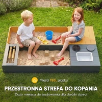 AIYAPLAY Piaskownica 2-częściowa 150x90 cm drewniana z siedziskiem, schowkiem, płytą grzewczą, wyjmowanym zlewozmywakiem i koralikami abakusa, żółta(m-7)